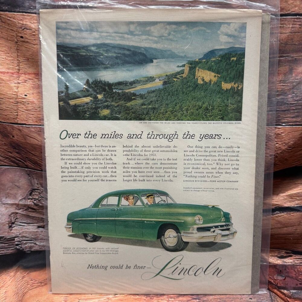 Vintage 1951 Lincoln Green Sedan Magazine Print Ad Columbia River